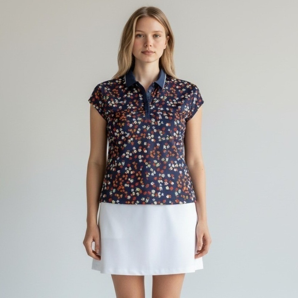 Callaway Opti-Dri  Navy Blue Daisy Floral Sleeveless Golf Polo Shirt Women's L‎